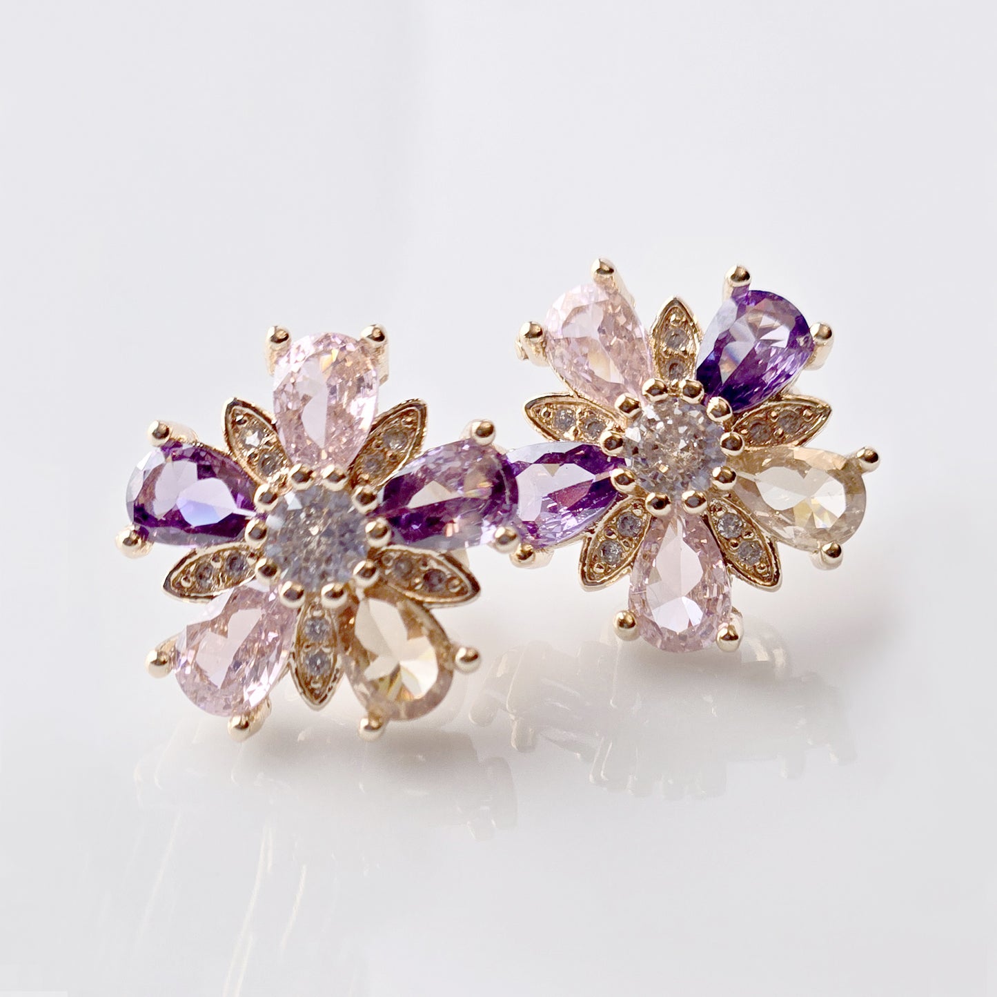 Medium Rose Gold Pink Purple Flower Stud Earrings
