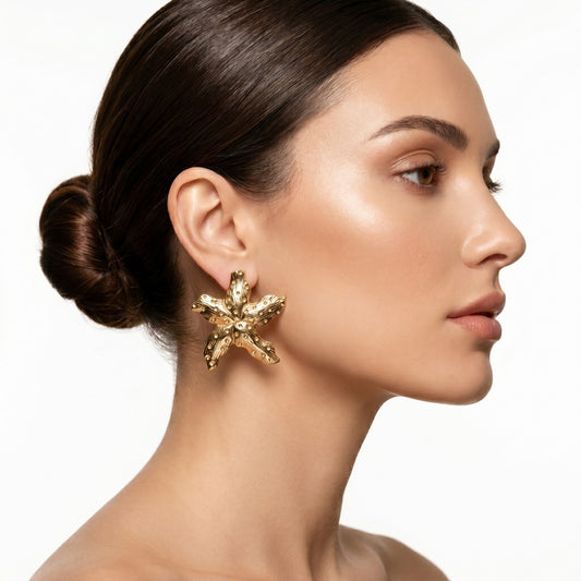 Large Gold Mermaid Star Drop Earrings featuring a statement shell-inspired design in waterproof stainless steel.