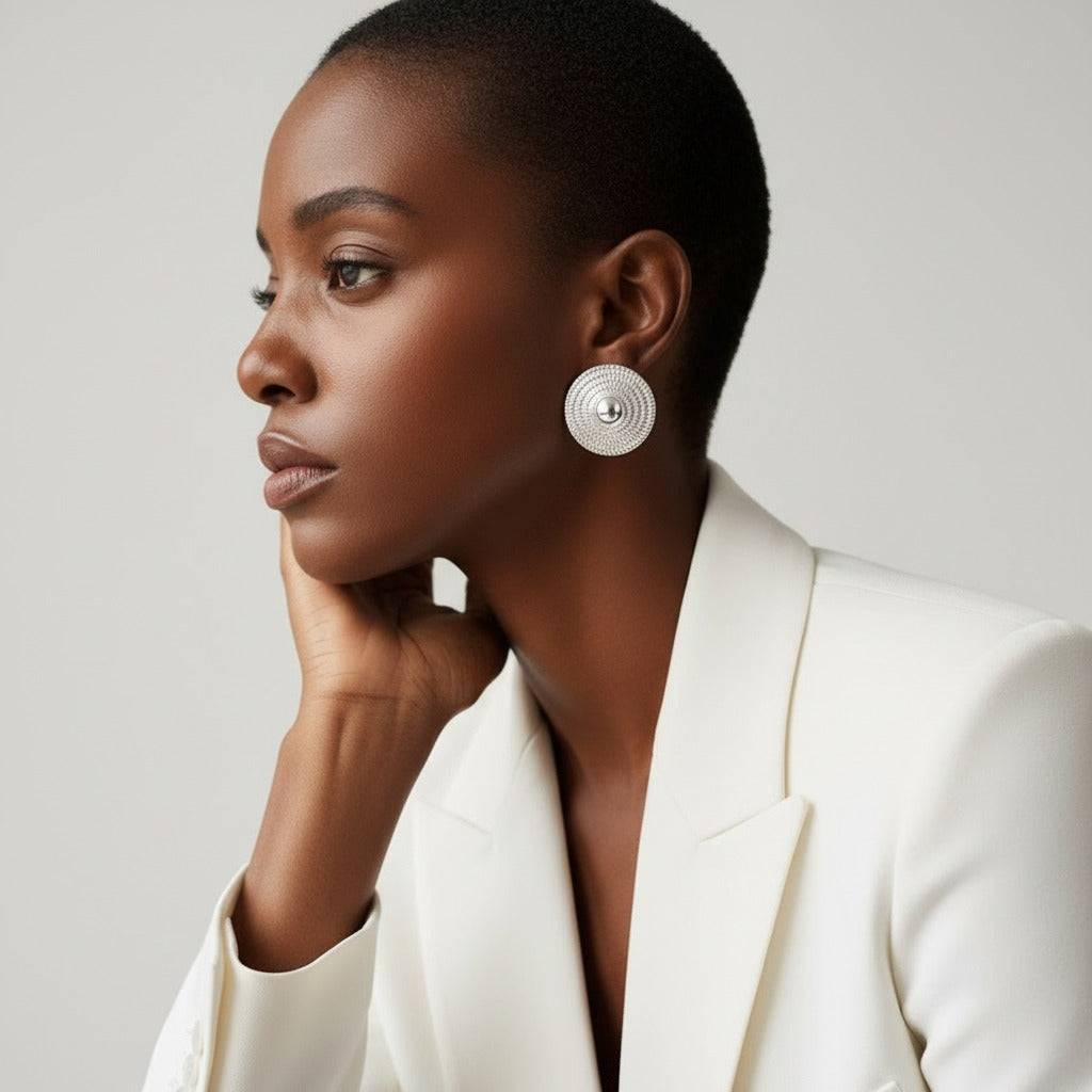 Woman wearing a white blazer and large earrings against a neutral background