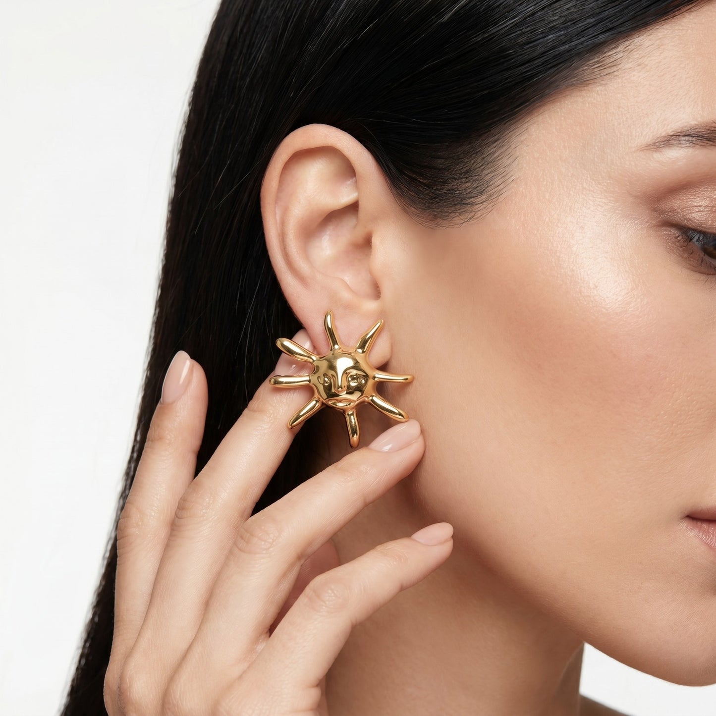 Medium Golden Sun Glow Stud Earrings featuring a radiant sun-inspired design in waterproof stainless steel.