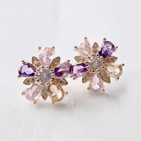 Medium Rose Gold Pink Purple Flower Stud Earrings