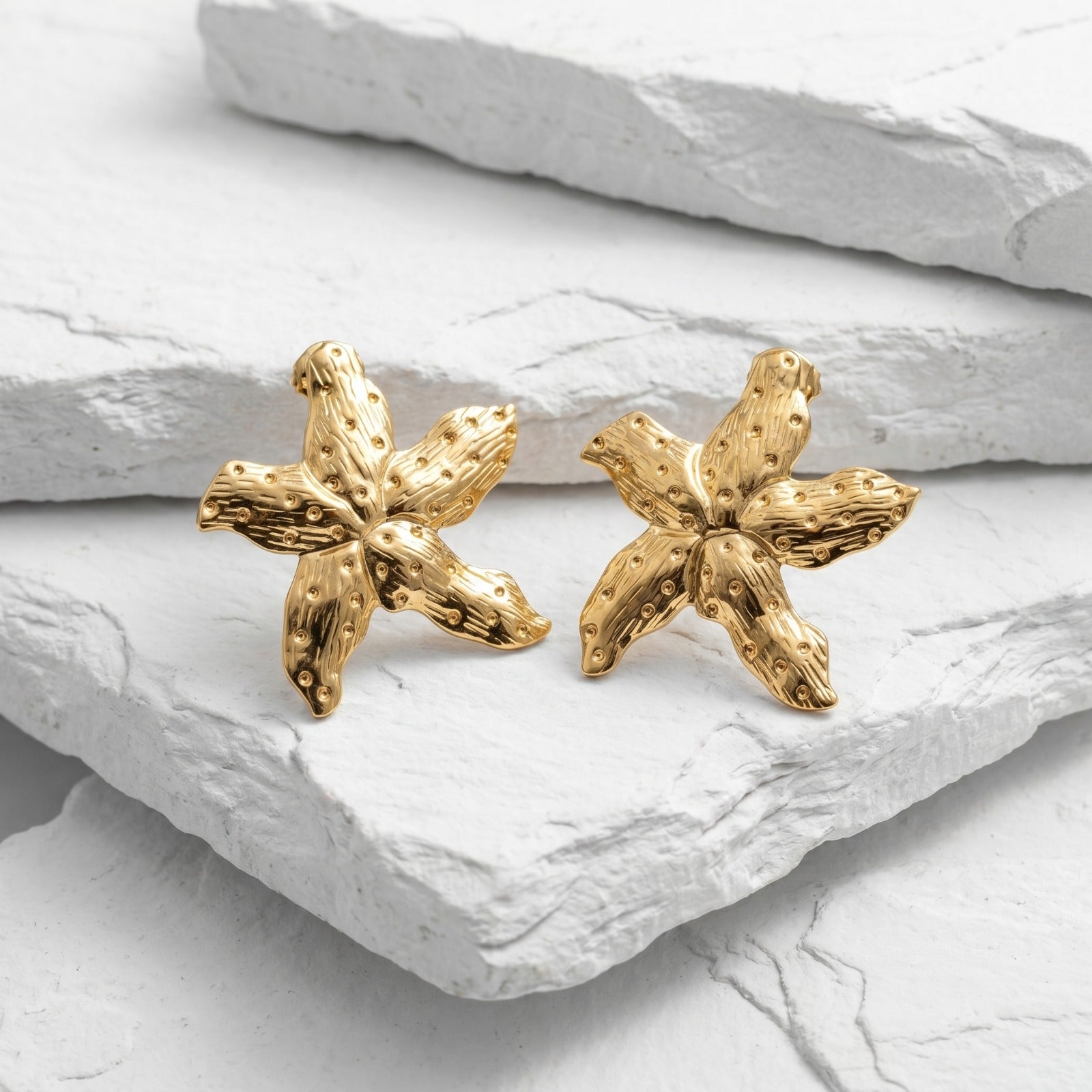 Large Gold Mermaid Star Drop Earrings featuring a statement shell-inspired design in waterproof stainless steel.