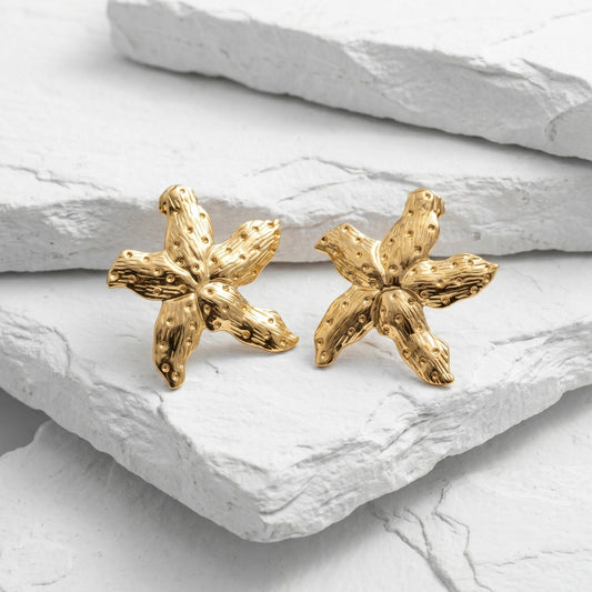 Large Gold Mermaid Star Drop Earrings featuring a statement shell-inspired design in waterproof stainless steel.