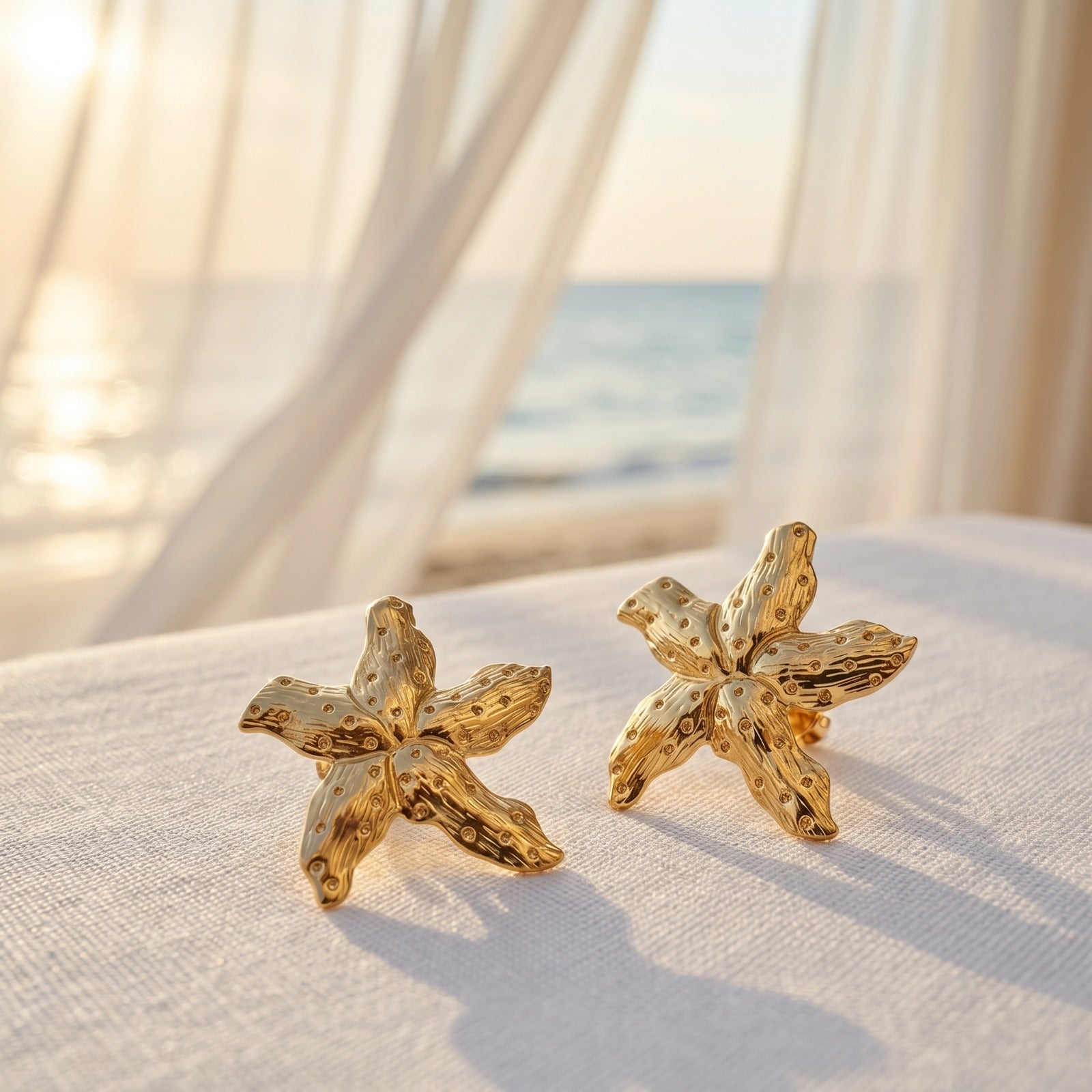 Large Gold Mermaid Star Drop Earrings featuring a statement shell-inspired design in waterproof stainless steel.