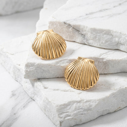 Large Golden Shell Stud Earrings with a gold seashell design in waterproof stainless steel.