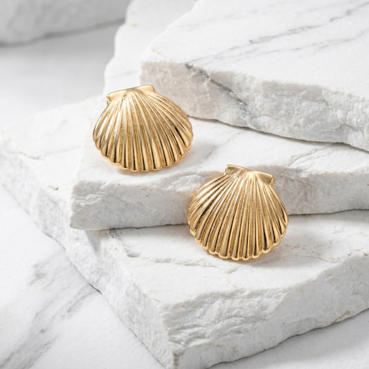 Large Golden Shell Stud Earrings with a gold seashell design in waterproof stainless steel.