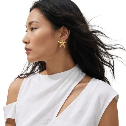 Medium Gold Coastal Star Stud Earrings featuring a gold starfish design in waterproof stainless steel, curated for the MarAmar Coastal Elegance Collection.