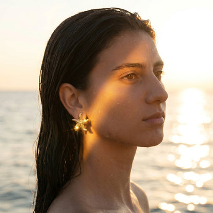 Medium Gold Coastal Star Stud Earrings featuring a gold starfish design in waterproof stainless steel, curated for the MarAmar Coastal Elegance Collection.