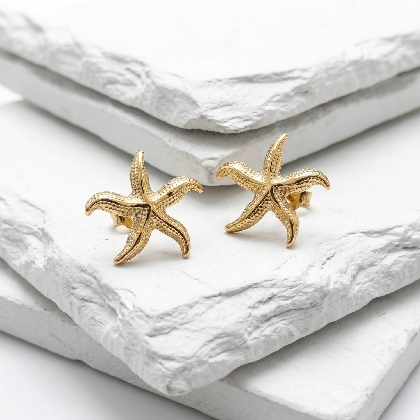 Medium Gold Mermaid Star Stud Earrings with an ocean-inspired starfish design in waterproof stainless steel.
