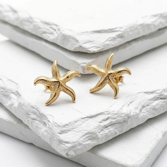 Medium Gold Mermaid Star Stud Earrings with an ocean-inspired starfish design in waterproof stainless steel.