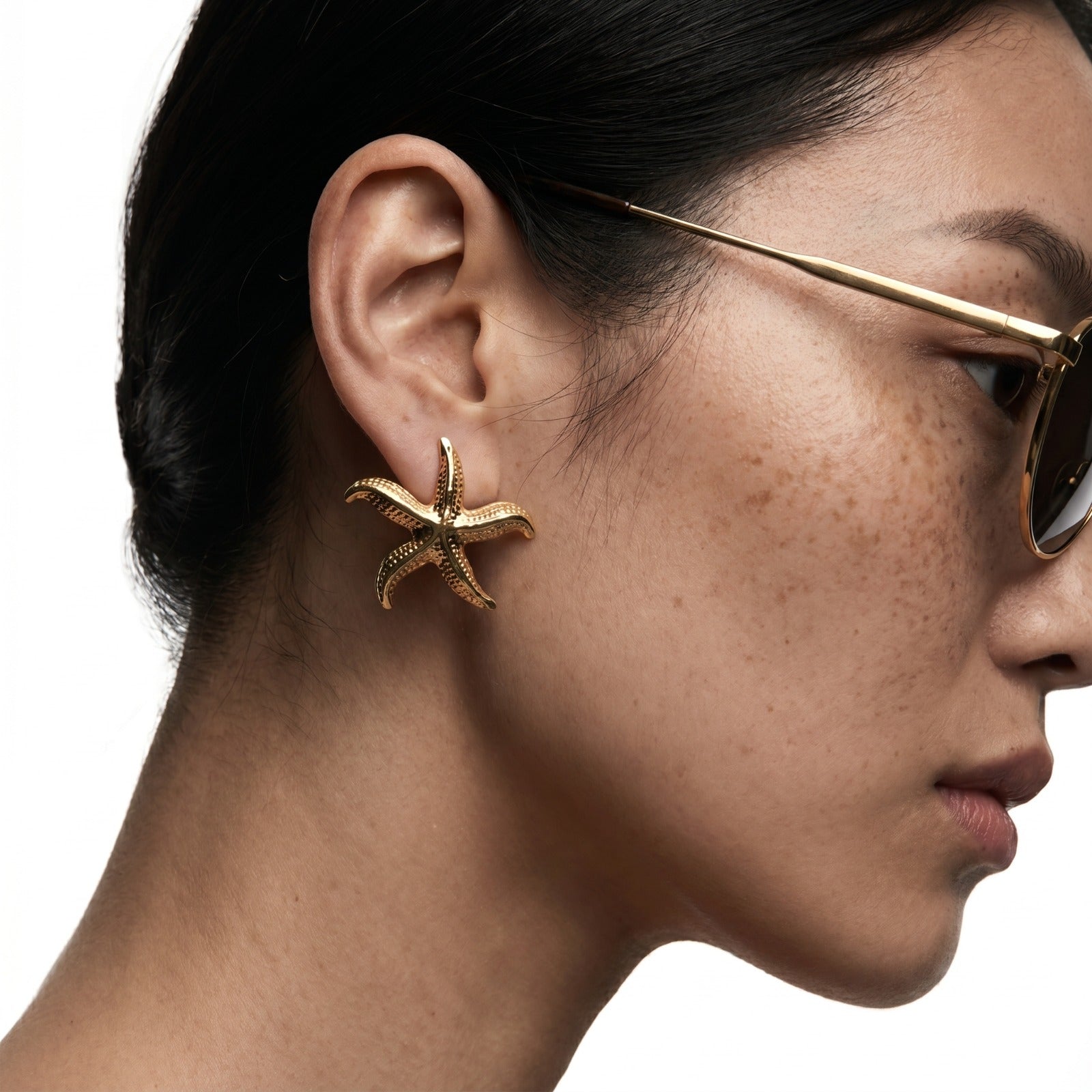 Medium Gold Mermaid Star Stud Earrings with an ocean-inspired starfish design in waterproof stainless steel.