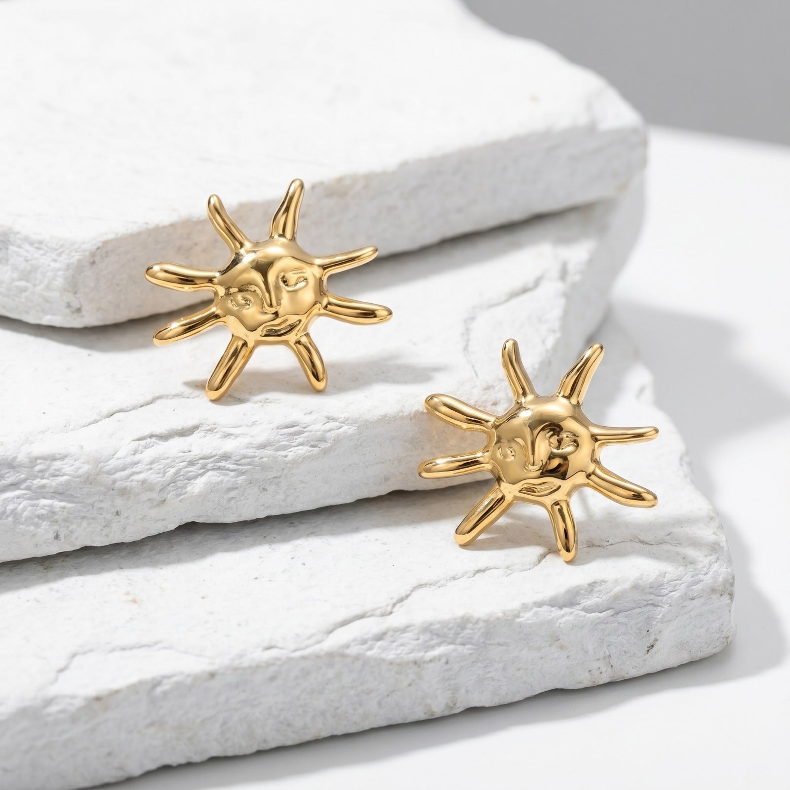 Medium Golden Sun Glow Stud Earrings featuring a radiant sun-inspired design in waterproof stainless steel.