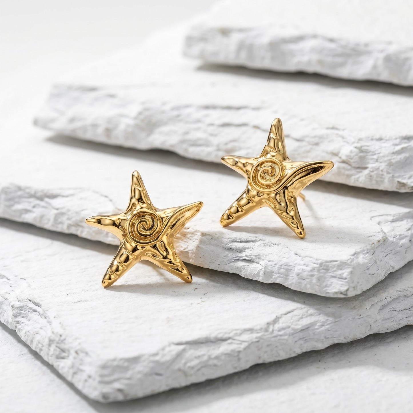 Medium Starfish Glow Stud Earrings featuring a radiant starfish design inspired by the ocean Waterproof Jewelry, Stainless Steel.