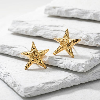 Medium Starfish Glow Stud Earrings featuring a radiant starfish design inspired by the ocean Waterproof Jewelry, Stainless Steel.