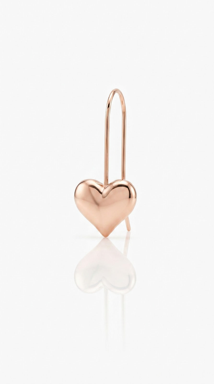 Rose gold heart-shaped earring on a white background Small Rose Gold Mini Heart Drop Earrings premium stainless steel waterproof, tarnish-proof, hypoallergenic, and lightweight—perfect for sensitive ears and everyday wear.