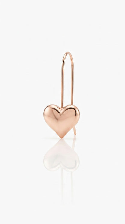 Rose gold heart-shaped earring on a white background Small Rose Gold Mini Heart Drop Earrings premium stainless steel waterproof, tarnish-proof, hypoallergenic, and lightweight—perfect for sensitive ears and everyday wear.
